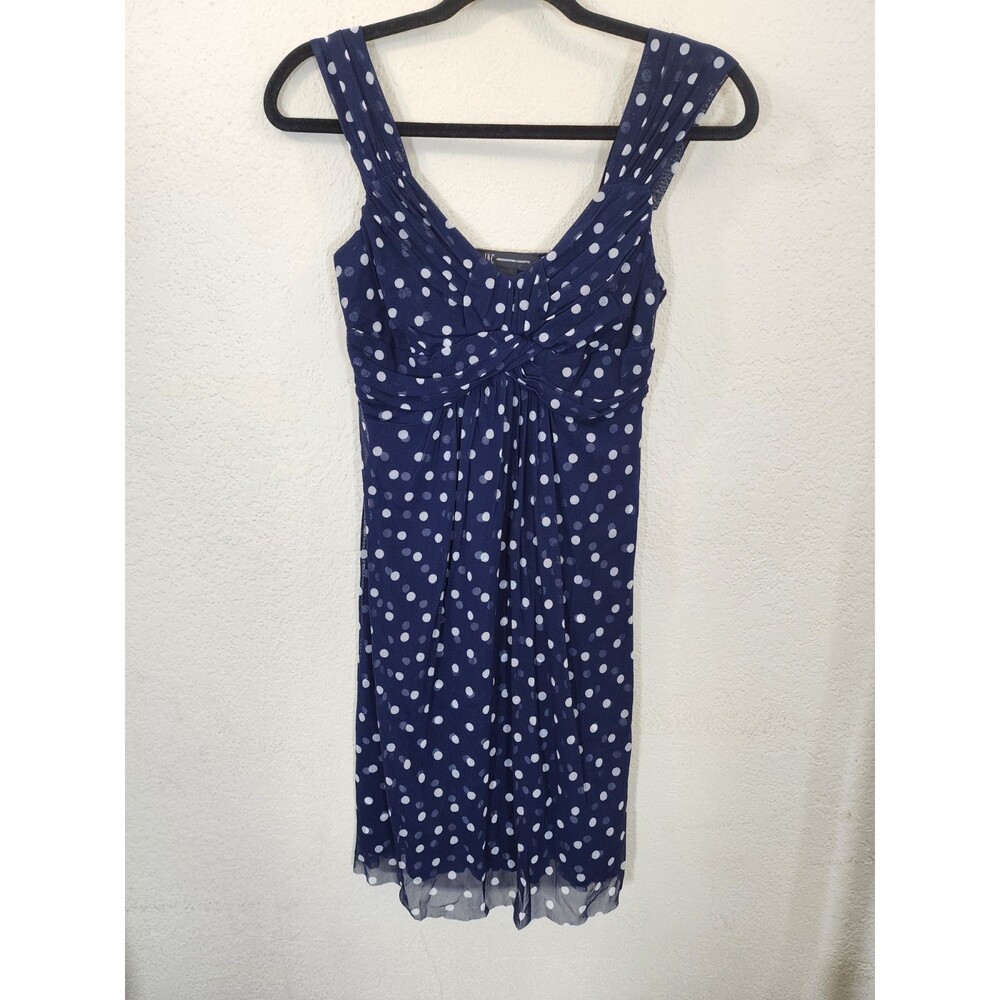 INC International Concepts Women XS Navy Blue White Polka Dot Mesh Overlay Dress